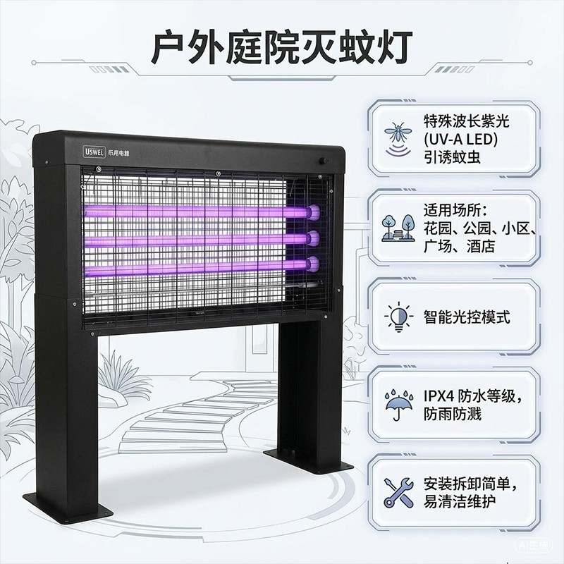 乐用灭蚊灯产品参数宣传海报,户外庭院商用设备介绍图