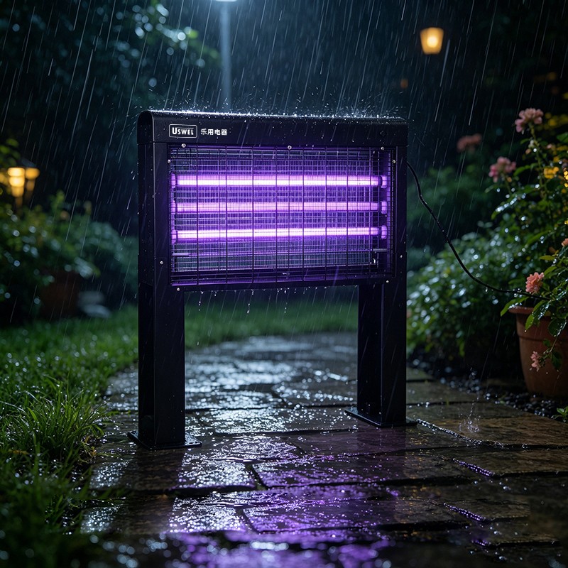 乐用 LY-330L 防水灭蚊灯,雨天户外庭院防雨实拍场景